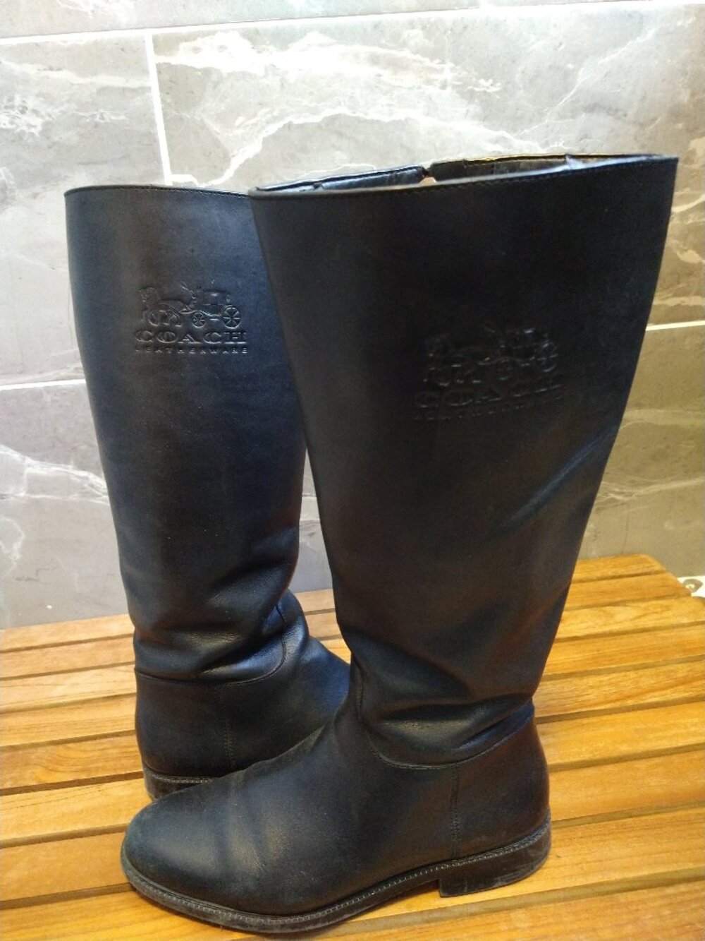 Coach Black Leather Embossed Horse & Carriage Tall Riding Boots Size 10